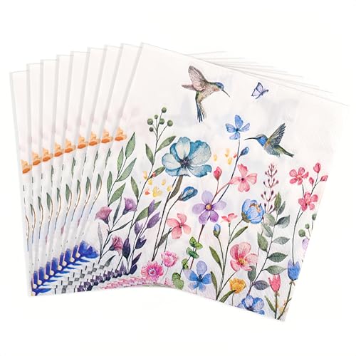 40 Stück Servietten Blumen (25 x 25 cm) - Frühling Papierservietten mit Bunt Gänseblümchen & Vögel Muster - Aus Natürlichem Holzbrei, Umweltfreundliche Pflanzenfarbe für Kinder Geburtstage von Silkwish