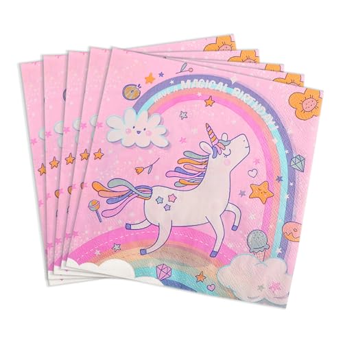 Einhorn Regenbogen Servietten 40 Stück (33x33cm) – Silkwish Papierservietten aus Holzbrei mit pflanzlicher Tinte für Kindergeburtstag & Mädchenparty, Rosa Tischdeko – Umweltfreundlich & Ungiftig von Silkwish