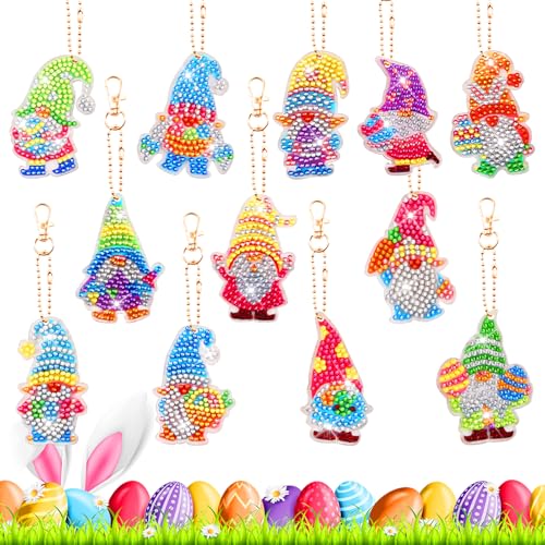 Silkwish 12 Stück 5D Diamond Painting Ostern Anhänger - Osterei Zwerg Diamantmalerei Schlüsselanhänger - DIY Ostern Doppelseitige Diamond Painting für Kinder Bastelgeschenke Geschenk von Silkwish