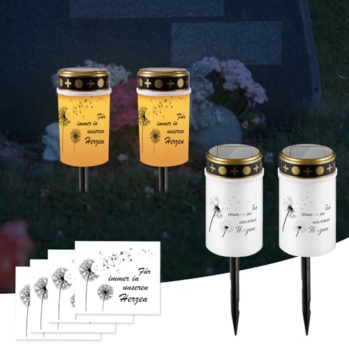Silkwish 2er-Set Solar Grablicht mit Erdspieß & Löwenzahn Aufklebern - IP65 Wetterfest Flackernden LED Grabkerze - Solar Friedhofskerzen Grableuchten für Immer in Unseren Herzen (Warmweiß) von Silkwish