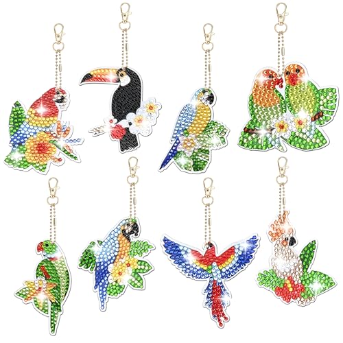 Silkwish 8 Stück 5D Diamond Painting Anhänger, Schlüsselanhänger Vogel für Kinder DIY, Doppelseitige Keychain Diamond Malerei Schlüsselbund, Geschenkidee von Silkwish