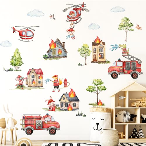 Wandtattoo Feuerwehr, Feuerwehrauto Wandaufkleber, Selbstklebend Feuerwehr Wandtattoo Kinderzimmer Tiere Wolken Baum, Deko für Babyzimmer von Silkwish