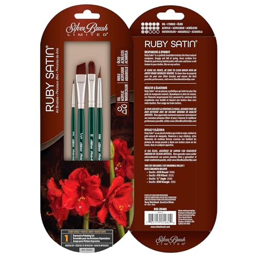 Silver Brush Limited RSS-2540S Ruby Satin Ausdrucksstarkes Pinselset, 4er Set Pinsel, Rundpinsel Größe 2/0, Dreieckspinsel Größe XS, Filbert Größe 10 und Eckiger Pinsel 1/2 Zoll von Silver Brush Limited