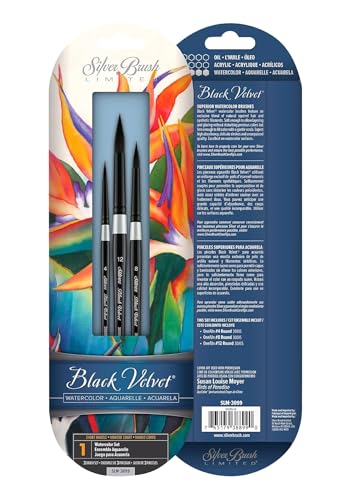 Silver Brush Limited SLM 3099 Susan Louise Moyer Aquarell Rundpinsel Set, 3 Pinselset Black Velvet Rund Pinsel, Größen 4, 8 und 12 von Silver Brush Limited