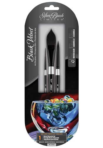 Silver Brush Limited WC-3000S Black Velvet Master Aquarell Pinselset, 3 Pinsel Set, Script Liner Größe 1, Ovale Pinsel Größe 3/4 Zoll, Rundpinsel Größe 8 von Silver Brush Limited