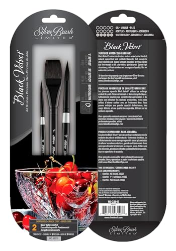 Silver Brush Limited WC-3201S Black Velvet Aquarell-Set, 3 Pinselset, Rundpinsel Set Größen 6, 12 und quadratischer Verwaschpinsel Pinsel Größe 1 von Silver Brush Limited