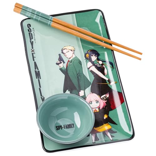 Silver Buffalo Spy X Family Japanisches Anime mit Anya Forger, Loid (Twilight) und Yor (Dorn Princess) Keramik-Sushi-Set mit Dip-Soßenschale und passenden Essstäbchen von Silver Buffalo