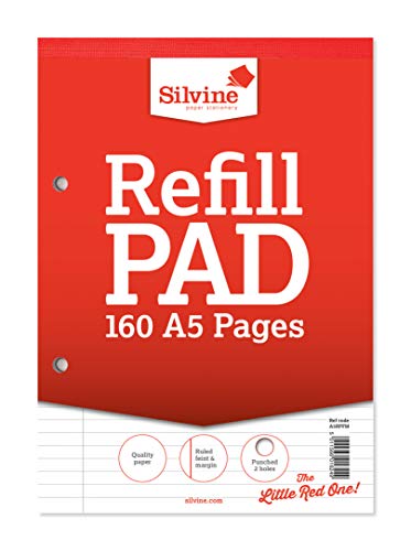 Silvine A5RPFM A5 Nachfüllblock, 160 Seiten, 160 Seiten, mit Spiralbindung, gelocht, 2 Löcher, liniert, 8 mm, fein mit Rand, Weiß von Silvine