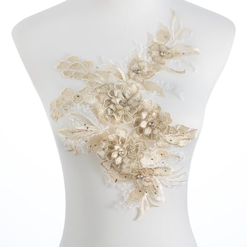 Silvora 3D-bestickter Blumenstoff, Perlen, Strass, Perlen, Spitzen-Applikation, DIY-Flicken, Zubehör für Hochzeitskleider, Halsausschnitt, Miederhose (Gold) von Silvora