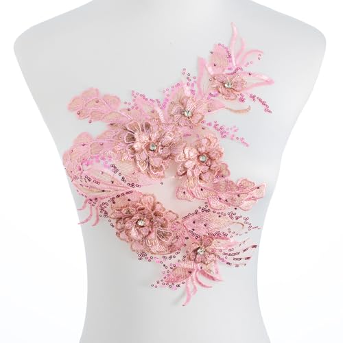 Silvora 3D-bestickter Blumenstoff, Perlen, Strass, Perlen, Spitzen-Applikation, DIY-Flicken, Zubehör für Hochzeitskleider, Halsausschnitt, Miederhose (Rosa) von Silvora