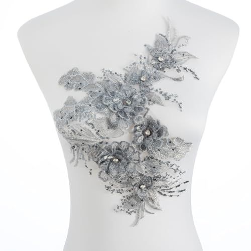 Silvora 3D-bestickter Blumenstoff, Perlen, Strass, Perlen, Spitzen-Applikation, DIY-Flicken, Zubehör für Hochzeitskleider, Halsausschnitt, Miederhose (grau) von Silvora