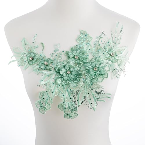 Silvora 3D-bestickter Blumenstoff, Perlen, Strass, Perlen, Spitzen-Applikation, DIY-Flicken, Zubehör für Hochzeitskleider, Halsausschnitt, Miederhose (grün) von Silvora