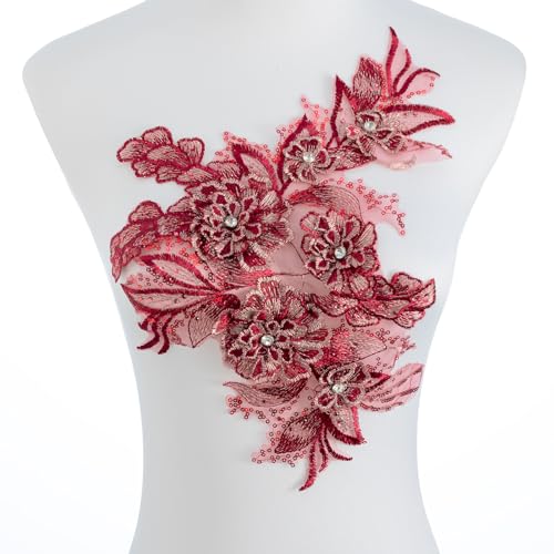 Silvora 3D-bestickter Blumenstoff, Perlen, Strass, Perlen, Spitzen-Applikation, DIY-Flicken, Zubehör für Hochzeitskleider, Halsausschnitt, Miederhose (rot) von Silvora