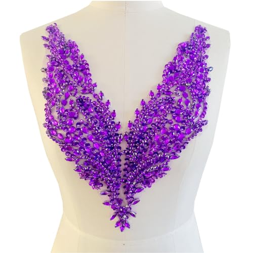 Reine handgefertigte Strass-Perlen-Applikation zum Aufnähen auf Kristall-Pailletten, Spitzenbesatz, Zubehör für Kleid, Kleidung, Ausschnitt, glänzende Perlen, dekoratives Material, 34 x 24 cm, Violett von SimBae