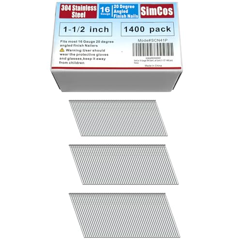 SimCos 16 Gauge 304 Edelstahl abgewinkelte Nägel – 3,8 cm bis 5,1 cm, 20 Grad, kompatibel mit pneumatischen/elektrischen abgewinkelten Naglern und Nagelpistolen (3,8 cm - 1400 Stück) von SimCos