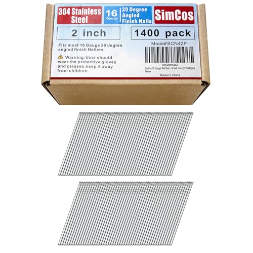 SimCos 16 Gauge 304 Edelstahl abgewinkelte Nägel – 3,8 cm bis 5,1 cm, 20 Grad, kompatibel mit pneumatischen/elektrischen abgewinkelten Naglern und Nagelpistolen (5,1 cm - 1400 Stück) von SimCos