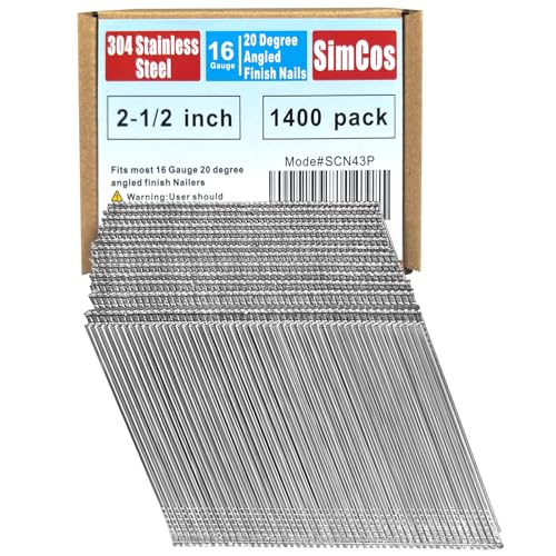 SimCos 16 Gauge 304 Edelstahl abgewinkelte Nägel – 3,8 cm bis 5,1 cm, 20 Grad, kompatibel mit pneumatischen/elektrischen abgewinkelten Naglern und Nagelpistolen (5,1 cm - 1400 Stück) von SimCos