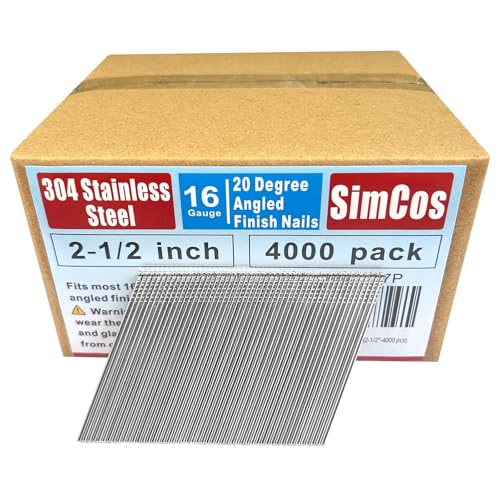 SimCos 16 Gauge 304 Edelstahl abgewinkelte Nägel – 3,8 cm bis 5,1 cm, 20 Grad, kompatibel mit pneumatischen/elektrischen abgewinkelten Naglern und Nagelpistolen (5,1 cm - 4000 Stück) von SimCos