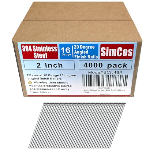 SimCos 16 Gauge 304 Edelstahl abgewinkelte Nägel – 3,8 cm bis 5,1 cm, 20 Grad, kompatibel mit pneumatischen/elektrischen abgewinkelten Naglern und Nagelpistolen (5,1 cm - 4000 Stück) von SimCos