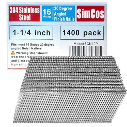 SimCos 16 Gauge 304 Edelstahl abgewinkelte Nägel – 3,8 cm bis 5,4 cm, 20 Grad, kompatibel mit pneumatischen/elektrischen abgewinkelten Naglern und Nagelpistolen (3,8 cm - 1400 Stück) von SimCos