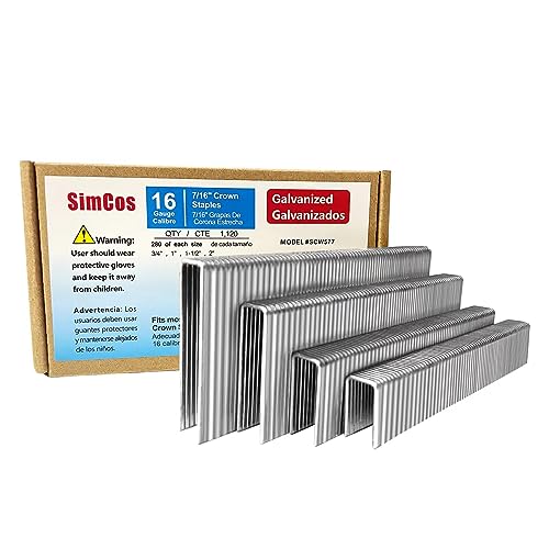 SimCos 16 Gauge 7/16 Zoll Kronenklammern (5,1 cm, 3,8 cm, 2,5 cm, 3/4 Zoll), verzinkter Stahl, sortiert, 1120 Stück für pneumatische oder elektrische Hefter oder Heftpistole, Projekt ack von SimCos