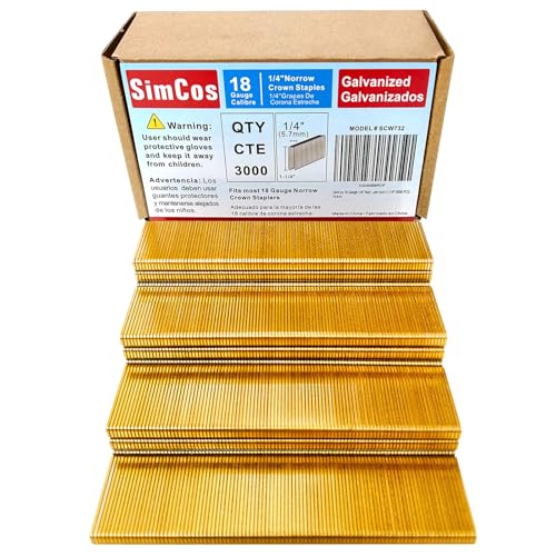 SimCos 18 Gauge 1/4 Zoll Schmale Krone, verzinkte Polsterklammern für pneumatische oder elektrische Heftgeräte oder Heftpistole 18 GA (3,8 cm - 3000 Stück) von SimCos