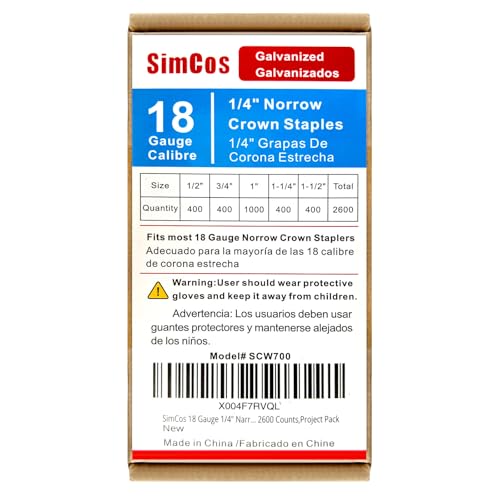 SimCos 18 Gauge 1/4 Zoll schmale Krone, verzinkte Polsterklammern für pneumatische oder elektrische Heftgeräte oder Heftpistole 18 GA (1/2 Zoll + 3/4 Zoll + 1 Zoll + 1 Zoll + 1 Zoll + 1 Zoll + 1 Zoll von SimCos
