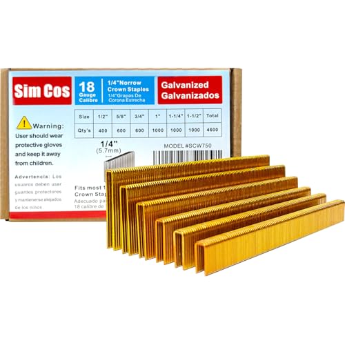 SimCos 18 Gauge 1/4 Zoll schmale Krone, verzinkte Polsterklammern für pneumatische oder elektrische Heftgeräte oder Heftpistole 18 GA (1/2 Zoll + 5/8 Zoll + 3/4 Zoll + 1 Zoll + 1 Zoll + 1 1/4 Zoll + 1 von SimCos