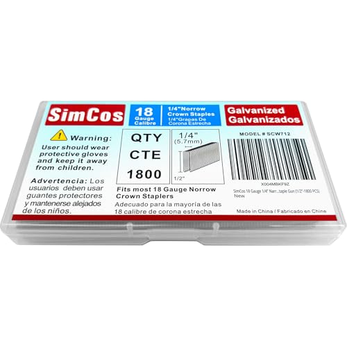 SimCos 18 Gauge 1/4 Zoll schmale Krone, verzinkte Polsterklammern für pneumatische oder elektrische Heftgeräte oder Heftpistole 18 GA (1,27 cm - 1800 Stück) von SimCos