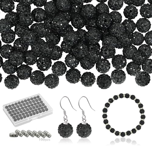 100 Stück Strass-Perlen und Abstandshalter für Schmuckherstellung, 10 mm Polymer-Ton, Glitzer, Diamant-Discokugel-Perlen zum Basteln und für Armbänder, Halsketten (schwarz) von Simaixing