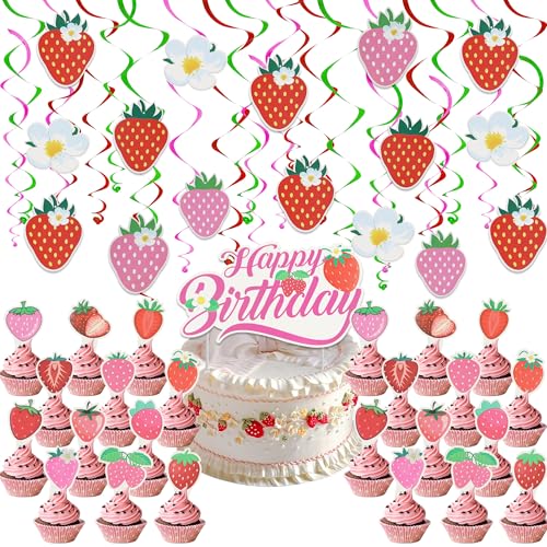 57-teiliges Erdbeer-Geburtstagsdekorationsset, hängende Wirbel, Deckendekorationen, Partydekoration mit Cupcake-Topper, Beeren-Dekoration für den ersten Geburtstag (Erdbeere) von Simaixing