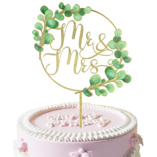 Acryl Mr and Mrs Cake Topper, Gold Wedding Cake Topper with Leaves, Round Wedding Toppers for Cake Decoration, Cake Toppers for Bridal Shower or Engagement Party (Gold) von Simaixing
