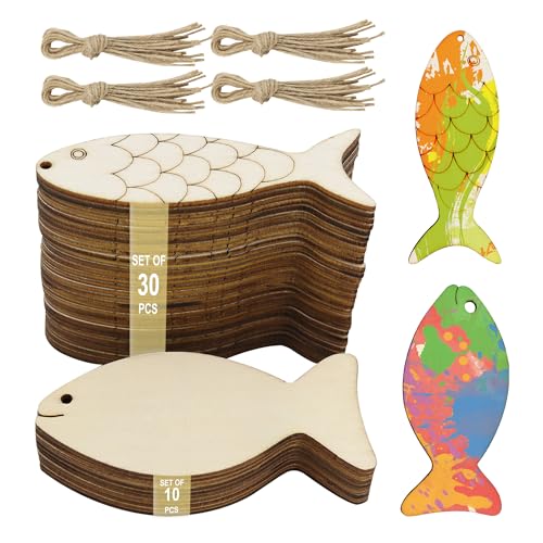 Holz-Fischausschnitte, Ornament, unlackiertes Holzhandwerk mit Hanfseil, zum Basteln, blanko, zum Aufhängen, Fischdekoration für Strand-Mottoparty, nautisches Badezimmer, Küstenraumdekoration (9,4 x von Simaixing