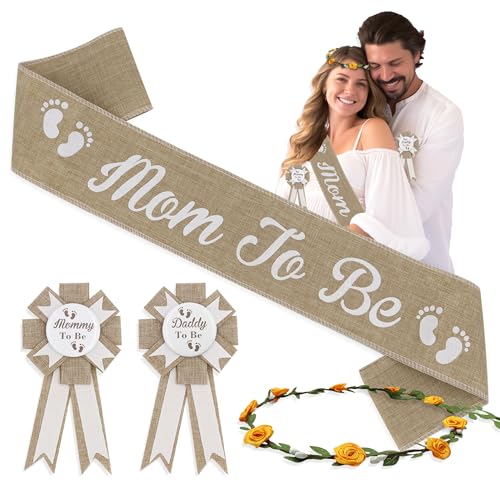 Mom to be Schärpe Baby Shower Set, Boho Babyparty Dekorationen, Baby Shower Schärpe, Mama und Papa to be Pins, Blumenkrone für Geschlecht Enthüllung Party, Mutterschaft Shoot Requisiten (Khaki) von Simaixing
