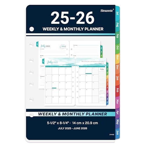 Monatsplaner 2025–2026 Nachfüllpackungen – 7-Loch-Planer-Einlagen von Juli 2025 bis Juni 2026, 14 x 21,6 cm, A5-Planer-Nachfüllpackungen, Wochen- und Monatskalender 2025–2026, 7-fach gelocht von Simannie