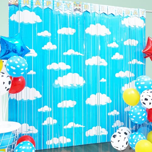 Cartoon-Spielzeug inspirierte Geschichte Geburtstagsparty-Dekoration, 2 Stück Cartoon Story Party Photo Booth Requisite, blauer Himmel weiße Wolke Fransenvorhänge Lametta Foto Streamer Hintergrund für Cartoon-Spielzeug inspirierte Geschichte Geburtstagsparty-Dekoration, 2 Stück Cartoon Story Party Photo Booth Requisite, blauer Himmel weiße Wolke Fransenvorhänge Lametta Foto Streamer Hintergrund für von Simaya