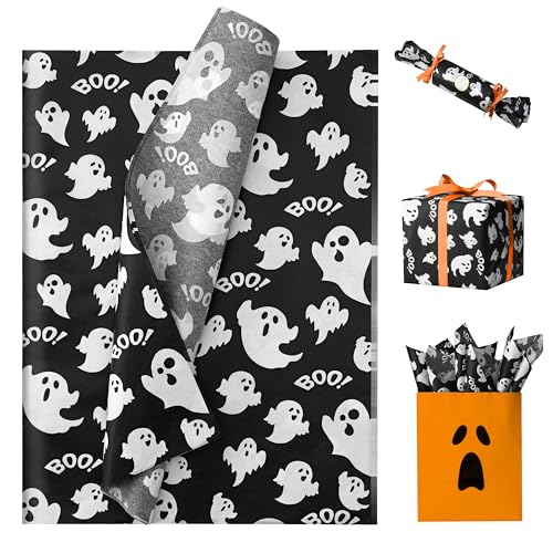 Simetufy Halloween-Seidenpapier für Geschenktüten, Geistermuster, 30 Blatt, 35,6 x 50,8 cm, schwarzes Seidenpapier für Geschenkverpackungen, Thanksgiving, Geburtstag, Urlaubsdekoration und DIY von Simetufy