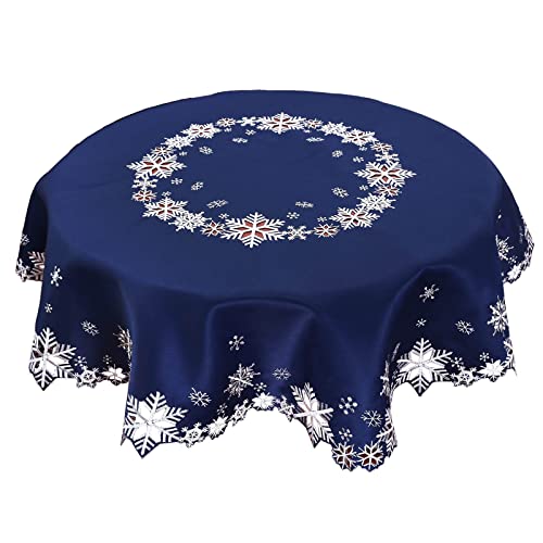 Simhomsen Bestickte Schneeflocken-Tischdecken für Weihnachten, Urlaub und Winter (rund, 134,6 cm, marineblau) von Simhomsen