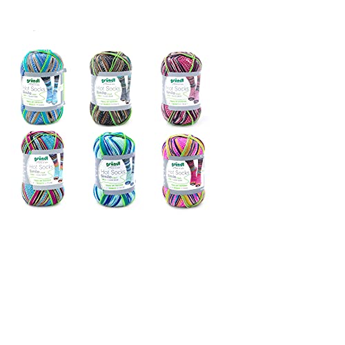 Simila 6X 100g Sockenwolle Paket Gründl Hot Socks, 2 gleiche, identische Socken Stricken, 600g Wollpaket Sockenwolle von Simila