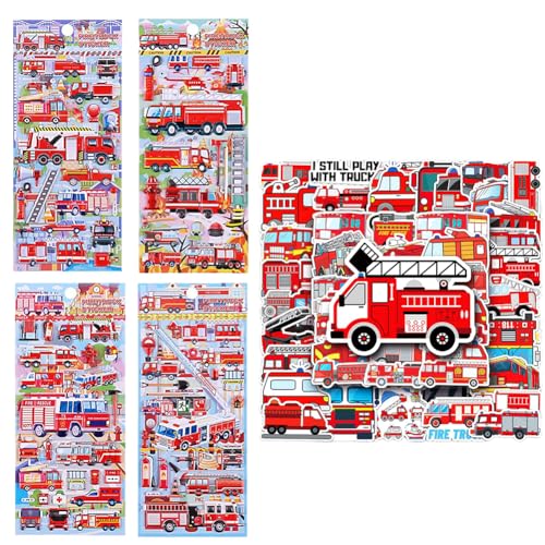 100 Stücke Feuerwehr Sticker und 4 Blätter Puffy Aufkleber Kinder Sticker Set, 3D Feuerwehrauto Schaumstoff Aufkleber, Feuerwehr Graffiti Aufkleber, für Auto Laptop Skateboard Deko von Simmpu
