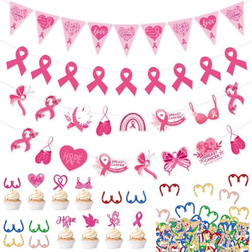 120 Stück Rosa Brustkrebs Dekoration Set, Rosa Banner Brustkrebs, Cupcake Topper, Konfetti Tischdeko, Oktober, für Brustkrebs Bewusstsein Party Supplies Deko von Simmpu