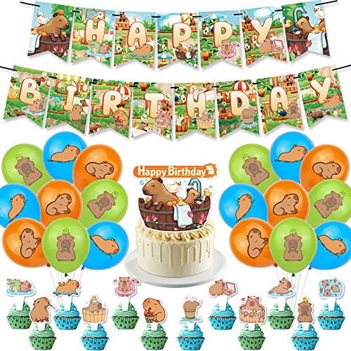 32 Stück Capybara-Geburtstagsfeier-Dekoration Capybara Party-Zubehör Umfasst Banner Luftballons Tortenaufleger Cupcake-Aufleger Geeignet für Jungen und Mädchen Kinderparty Dekoration von Simmpu