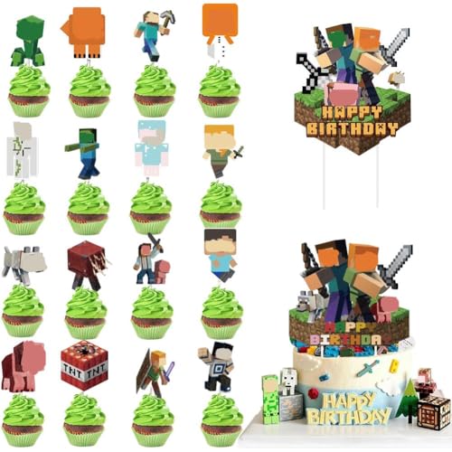 32 Stück Pixe Minenwelt Set Tortendeko，Video Game Kuchen Deko Kindergeburtstag, Cartoon Mini Tortenfiguren für Jungen Geburtstag Party Kuchen Dekoration Supplie von Simmpu