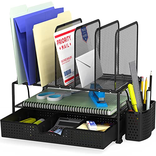 Simple Houseware Schreibtisch-Organizer aus Netzstoff mit ausziehbarer Schublade, Doppelablage und 5 aufrechten Abschnitten, Schwarz von Simple Houseware