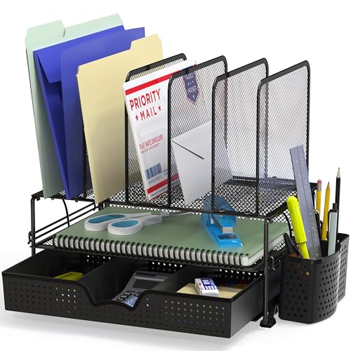 Simple Houseware Schreibtisch-Organizer aus Netzstoff mit ausziehbarer Schublade, Doppelablage und 5 aufrechten Abschnitten, Schwarz von Simple Houseware