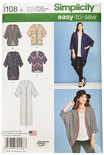 Simplicity Einfachheit Schnittmuster 1108: Damen-Kimono, Größe: A (XXS-XS-S-M-L-XL-XXL), Papier, weiß von Simplicity