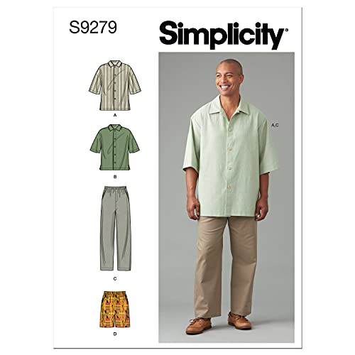 Simplicity SS9279AA Men's Relaxed Fit Shirt and Tapered Shorts or Pants Sewing Pattern Packet, Code 9279 Schnittmuster, Papier, Weiß, Sizes 34-42 von Simplicity