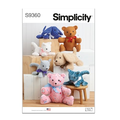 Simplicity SS9360OS Undefiniertes Stoffhandwerk, bezaubernder Plüsch, 45,7 cm Bär, 30,5 cm langer Welpe und 25,4 cm lange Kätzchen sind super einfach zu nähen, weiß, Einheitsgröße von Simplicity