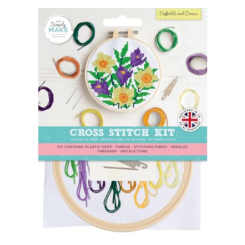 Simply MAKE Kreuzstich Kit Narzissen & Krokus, Mehrfarbig, Einzel-Bastelset, Kreuzstich-Kits für Erwachsene, Nähset und Stickset für Heimhandwerk, Stickgarne enthalten von Simply MAKE