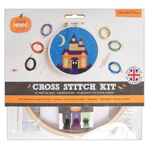 Simply MAKE Kreuzstich Kit Spukhaus Design Halloween Hoop Stickgarn Stoff & Nadel für Anfänger Starter Kreuzstich Bastelset Tolle Geschenke Handwerk Hobbyisten Halloween Home Decor von Simply MAKE